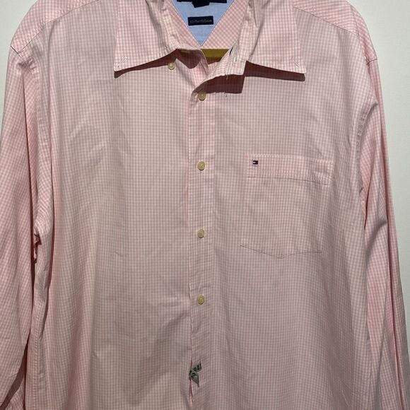 Tommy Hilfiger Men's Button-up Plaid 80's 2-Ply Cotton Dress Shirt Pink & White - Picture 1 of 12